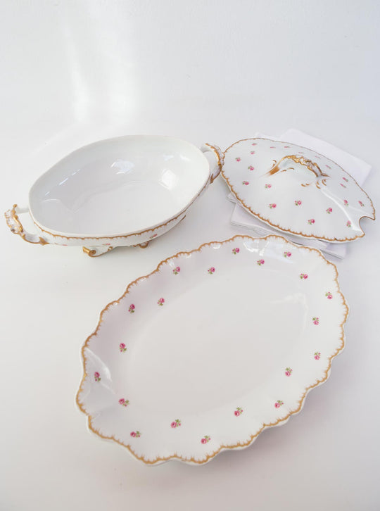 Gran sopera francesa Limoges florecillas con fuente large french tureen with plate