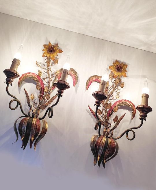 pareja grandes apliques vintage italianos metal flores