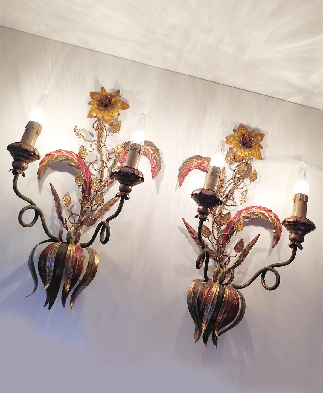 pareja grandes apliques vintage italianos metal flores 