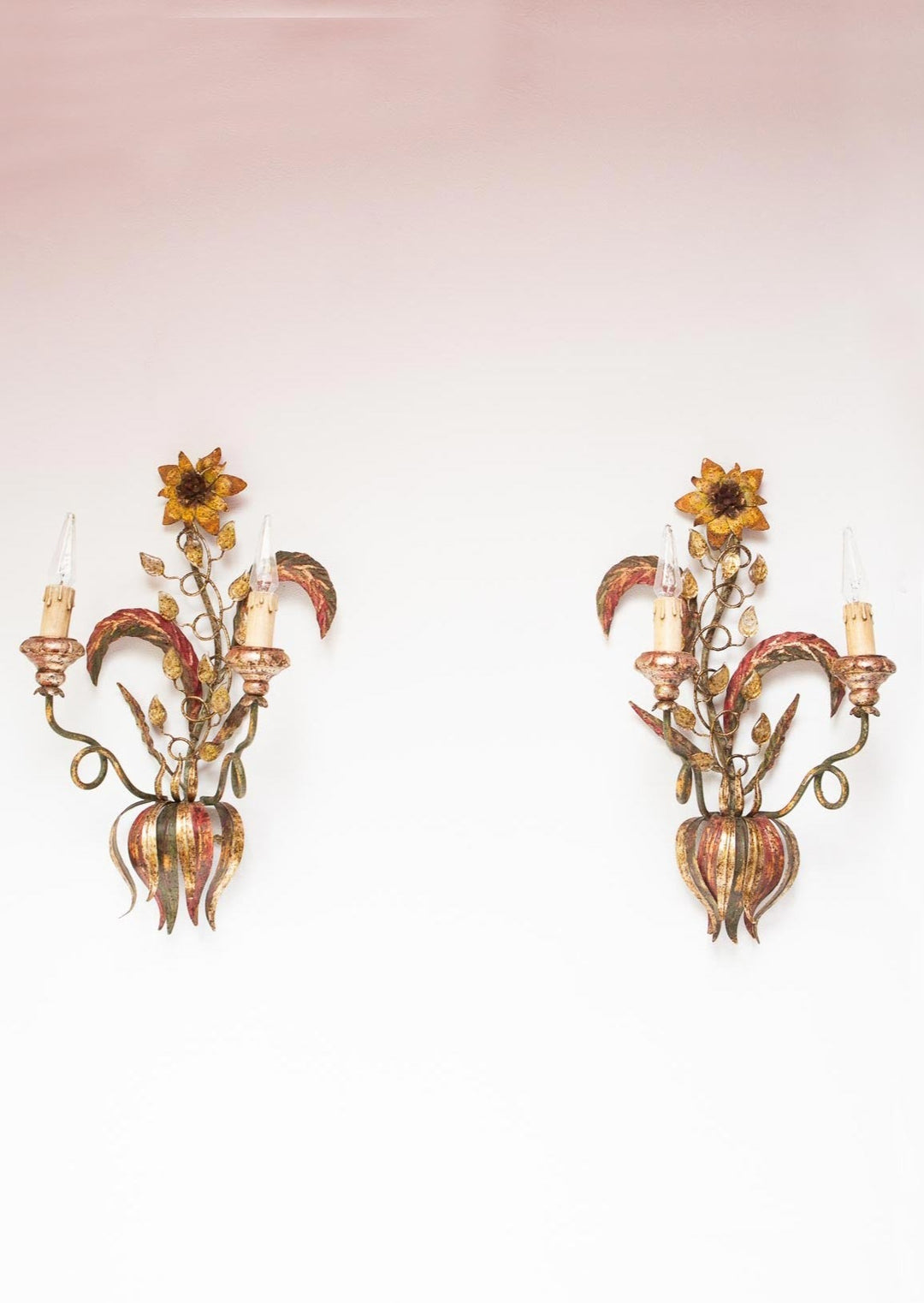 pareja grandes apliques vintage italianos metal flores