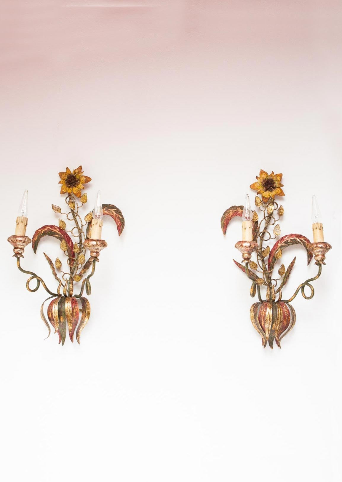 pareja grandes apliques vintage italianos metal flores