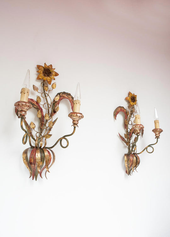 pareja grandes apliques vintage italianos metal flores