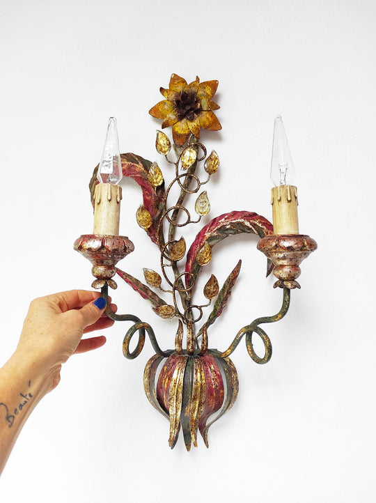 pareja grandes apliques vintage italianos metal flores