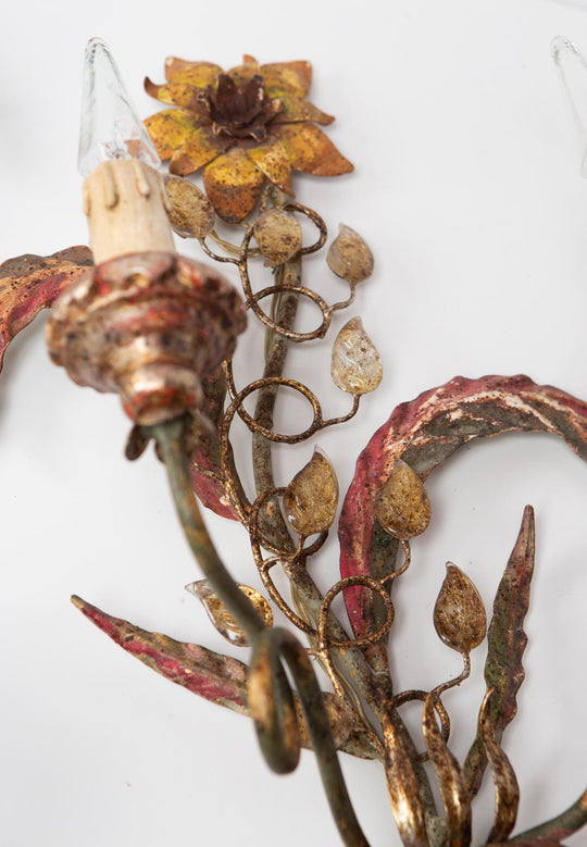 pareja grandes apliques vintage italianos metal flores