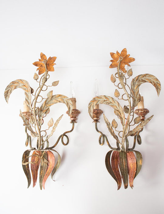 pareja grandes apliques vintage italianos metal flores 
