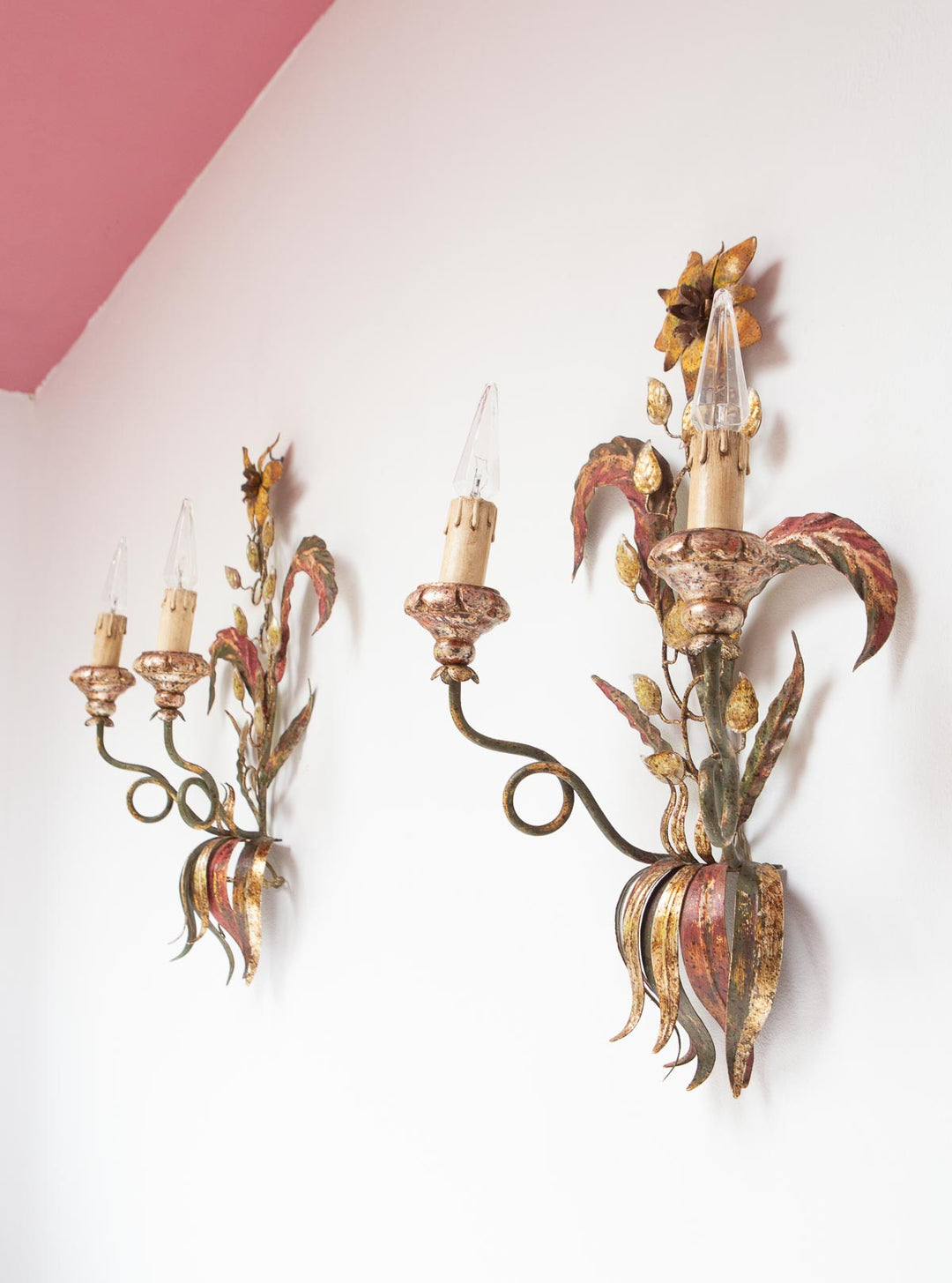 pareja grandes apliques vintage italianos metal flores