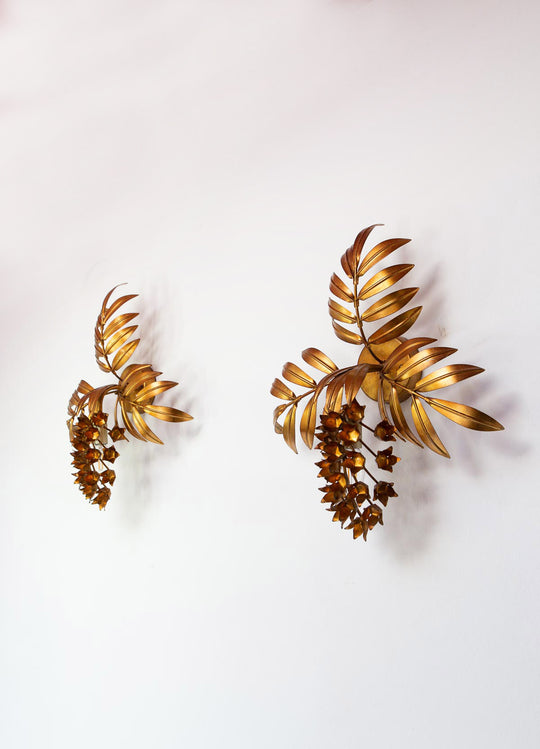 Pareja apliques suecos RAF metal dorado hojas y flores