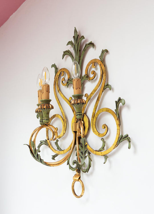 Gran aplique italiano metal verde y dorado 3 brazos (73 cm)