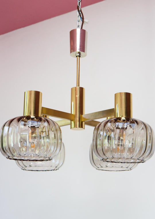 lámpara techo vintage laton y cristales midcentury pendant