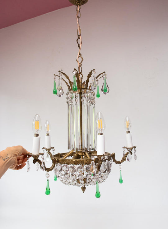 Lámpara techo chandelier francés antiguo bronce y cristales (48 cm)