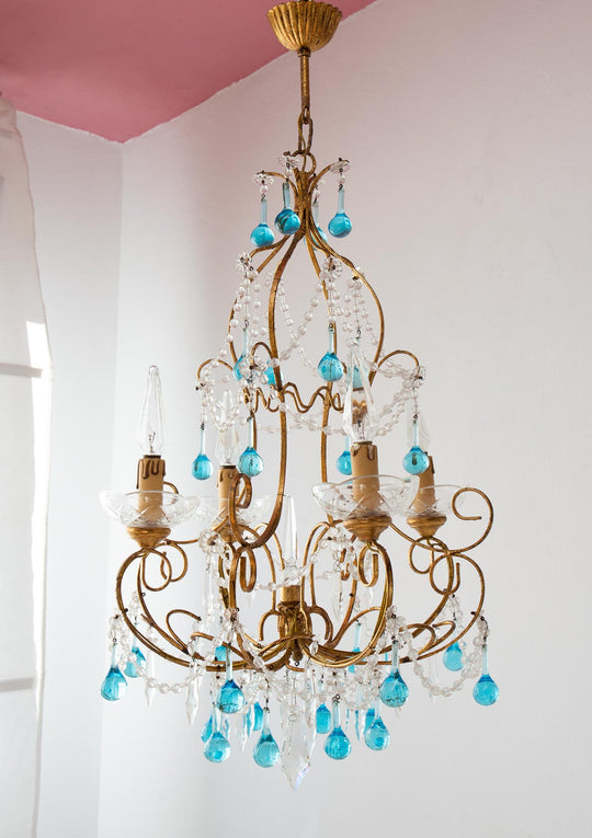 lámpara techo italiana gotas azules murano vintage chandelier
