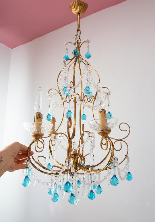 lámpara techo italiana gotas azules murano vintage chandelier