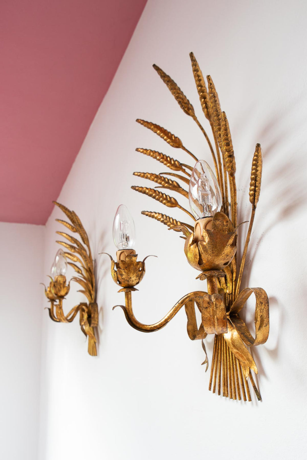 pareja apliques dorados espigas trigo metal italianos wall lights