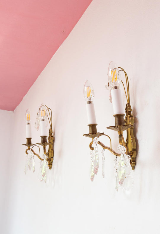 pareja antiguos apliques franceses bronce con cristales