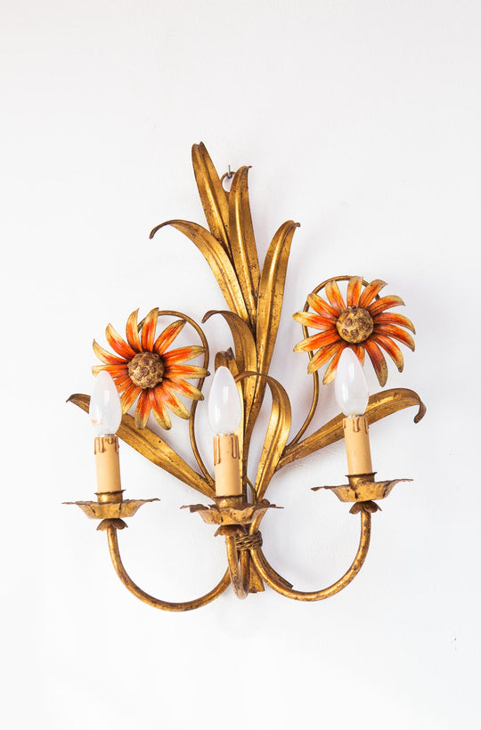 Pareja grandes apliques italianos dorados hojas y flores (50 cm)
