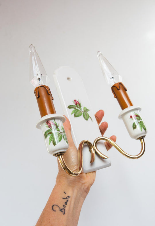 pareja antiguos apliques porcelana de paris rosas french wall lights