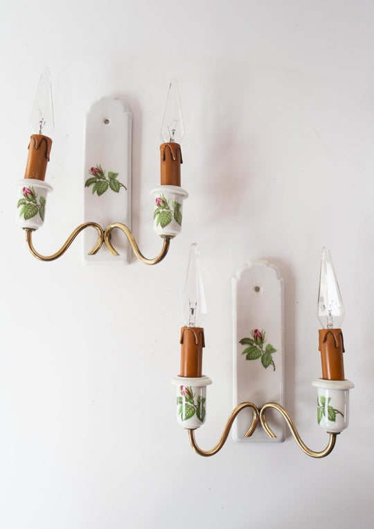 pareja antiguos apliques porcelana de paris rosas french wall lights