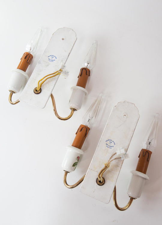pareja antiguos apliques porcelana de paris rosas french wall lights