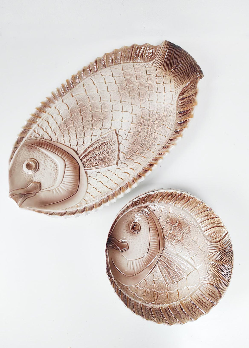 juego fuente y platos pescado sarreguemines pez loza esmaltada