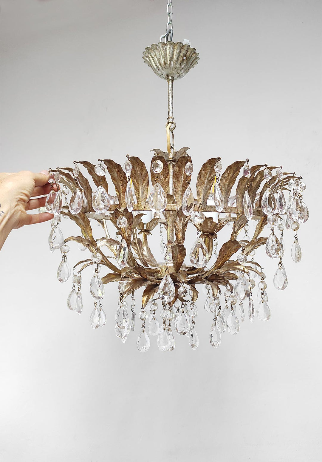 lampara techo italiana metal plateada con cristales vintage