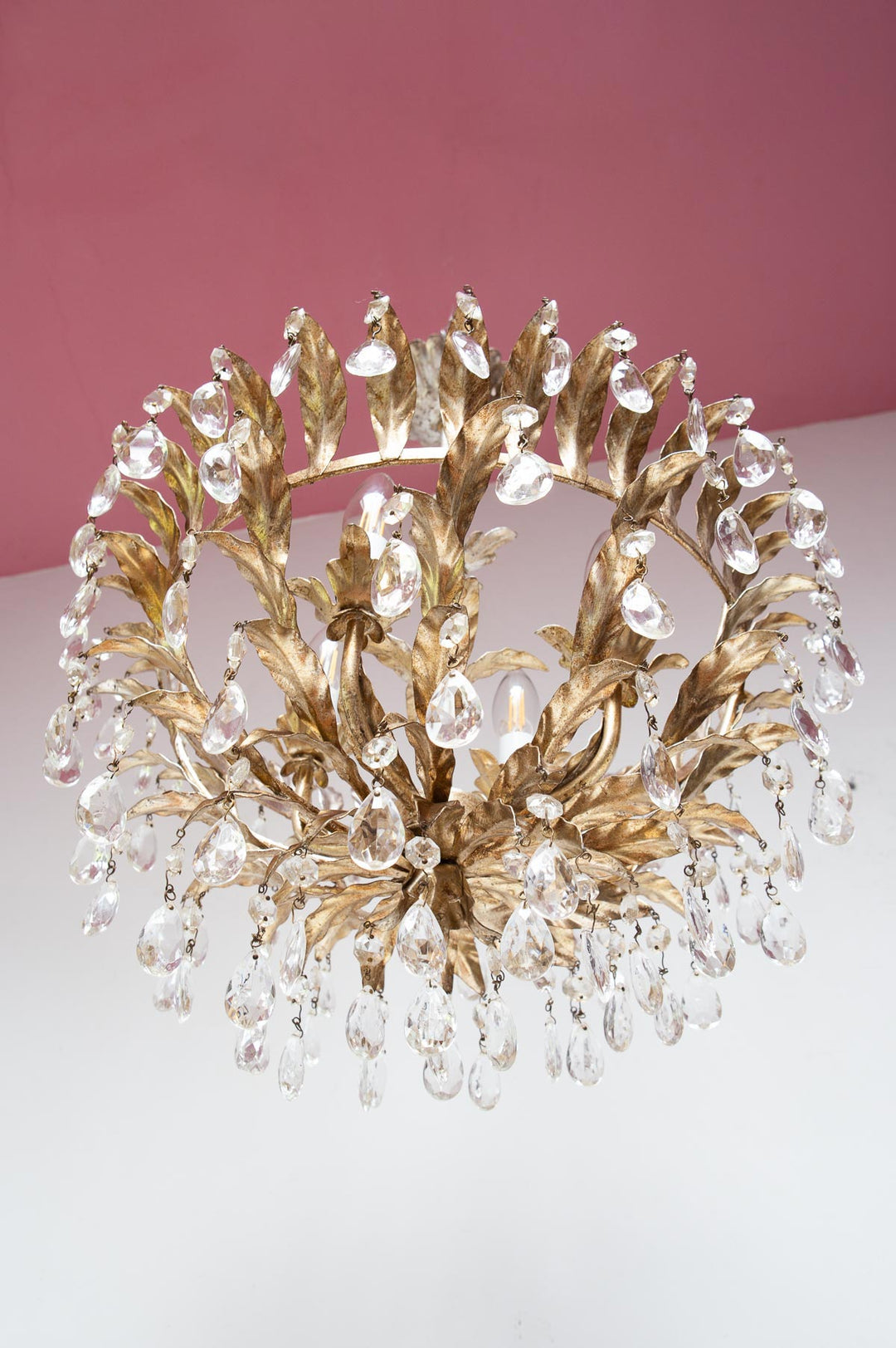 lampara techo italiana metal plateada con cristales vintage