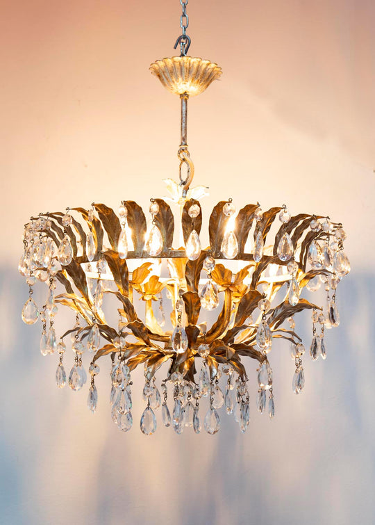 lampara techo italiana metal plateada con cristales vintage