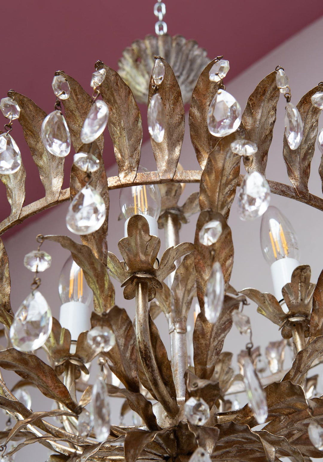 lampara techo italiana metal plateada con cristales vintage