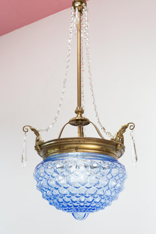 Antigua lámpara techo francesa tulipa cristal azul (31 cm)