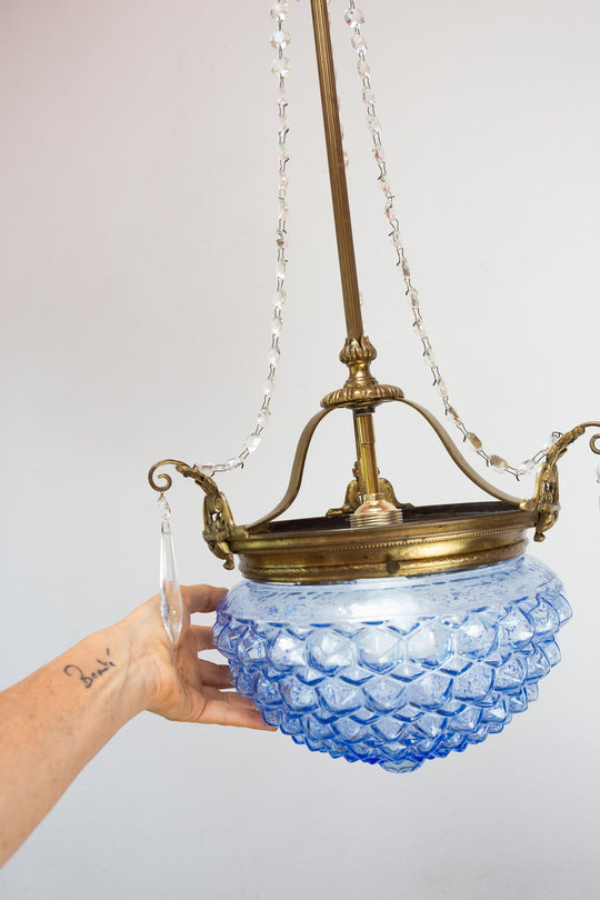 Antigua lámpara techo francesa tulipa cristal azul (31 cm)