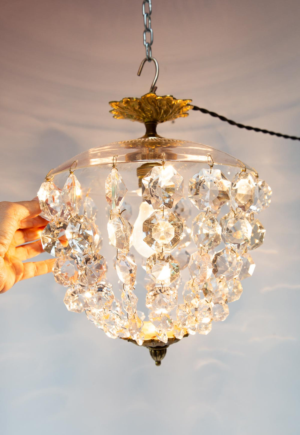 Plafón vintage estilo globo cristales y bronce c. 1960 (26 cm)