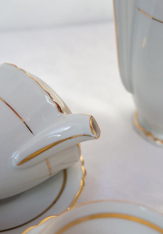 Juego de té Limoges 9 SERVICIOS porcelana ribete dorado c. 1950s (21 PIEZAS)
