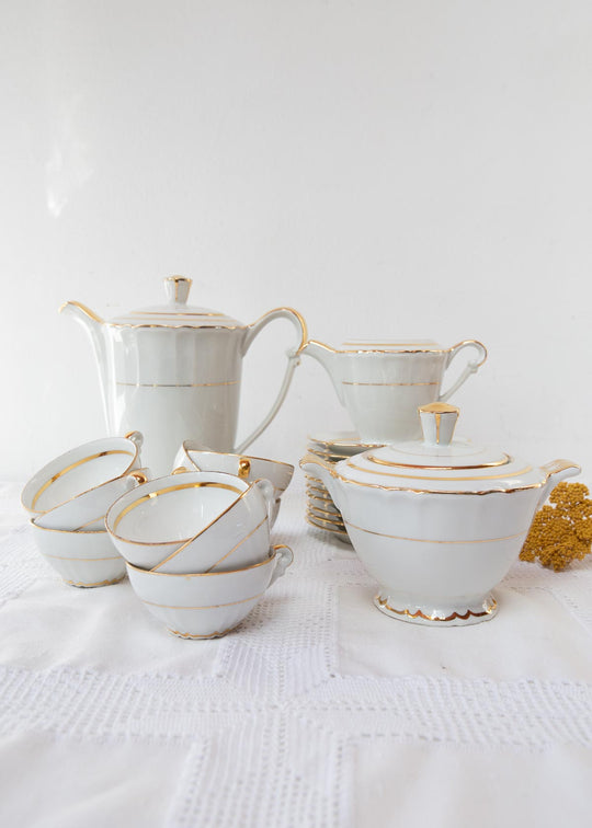 Juego de té Limoges 9 SERVICIOS porcelana ribete dorado c. 1950s (21 PIEZAS)