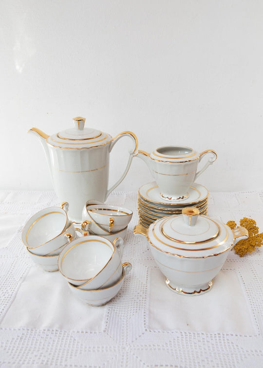 Juego de té Limoges 9 SERVICIOS porcelana ribete dorado c. 1950s (21 PIEZAS)