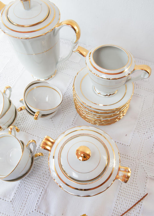 Juego de té Limoges 9 SERVICIOS porcelana ribete dorado c. 1950s (21 PIEZAS)