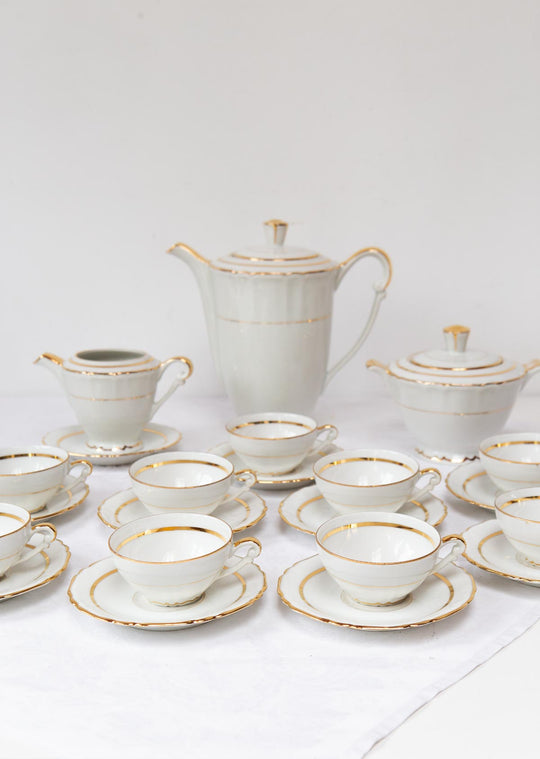 Juego de té Limoges 9 SERVICIOS porcelana ribete dorado c. 1950s (21 PIEZAS)