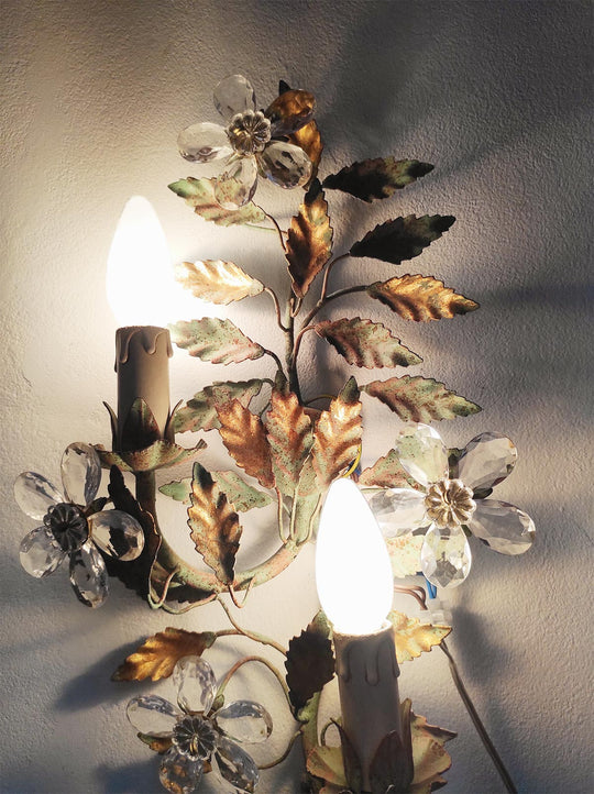 Aplique italiano metal hojas y flores cristal c. 1980s (53 cm)