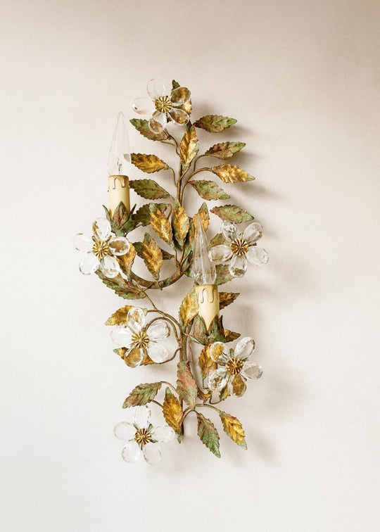 Aplique italiano metal hojas y flores cristal c. 1980s (53 cm)