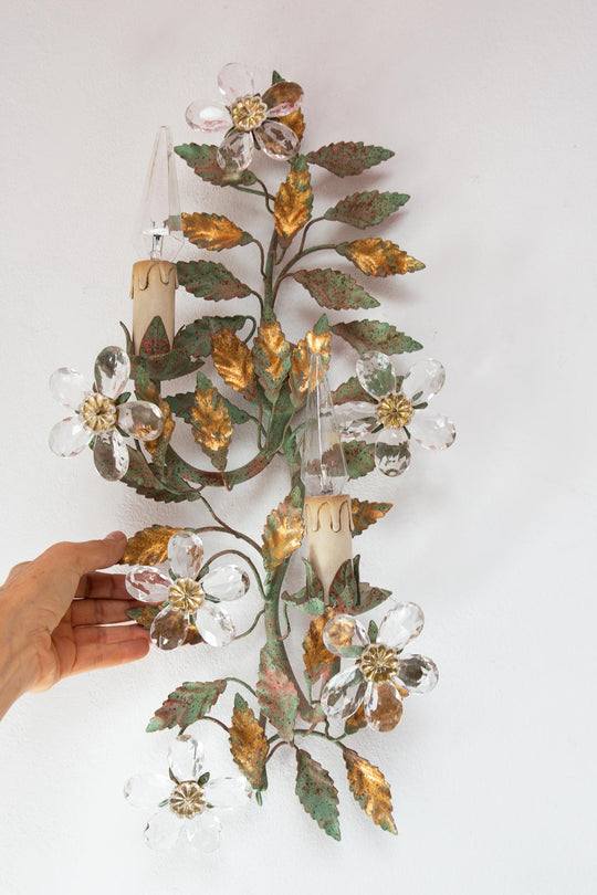 Aplique italiano metal hojas y flores cristal c. 1980s (53 cm)