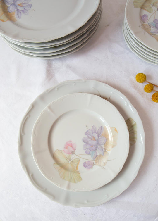 juego platos llanos y postre porcelana francesa chaugvigny flores color pastel