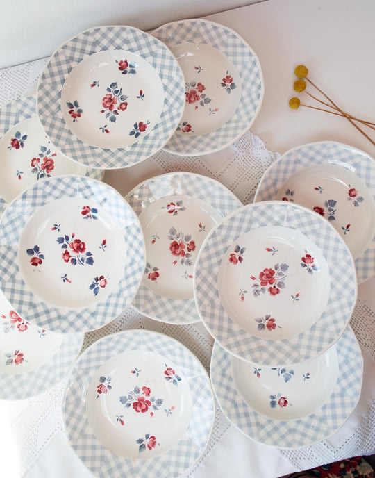 Juego 10 platos HONDOS loza francesa digoin VICHY AZUL c. 1960s (23 cm)