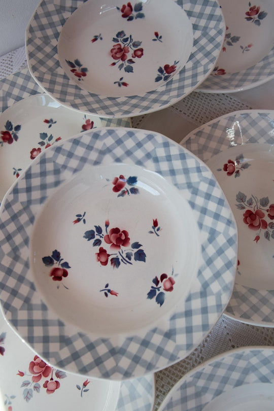 Juego 10 platos HONDOS loza francesa digoin VICHY AZUL c. 1960s (23 cm)