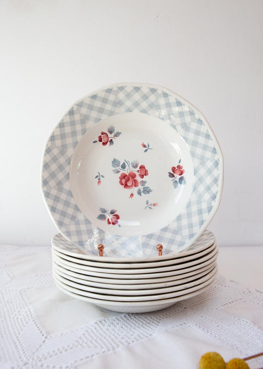 Juego 10 platos HONDOS loza francesa digoin VICHY AZUL c. 1960s (23 cm)