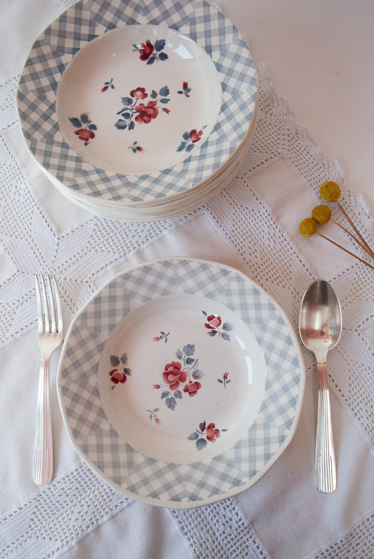 Juego 10 platos HONDOS loza francesa digoin VICHY AZUL c. 1960s (23 cm)