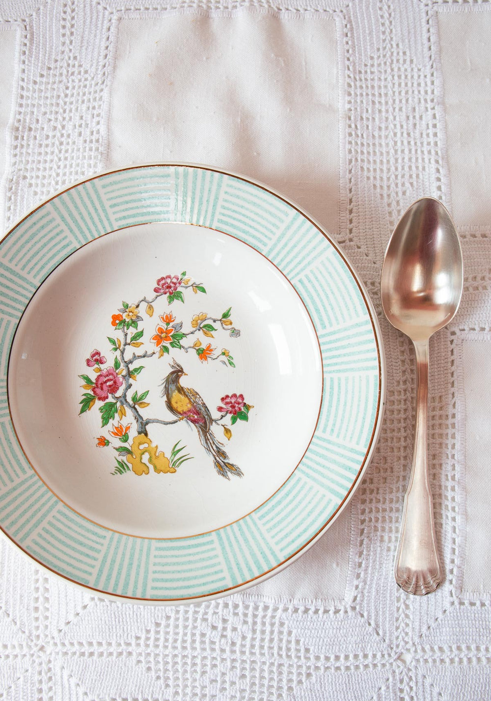 Juego 6 platos HONDOS loza francesa ave paraíso c. 1960s (2 JUEGOS DISPONIBLES)