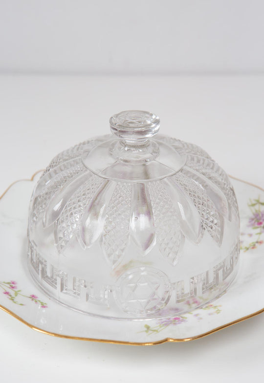 Quesera campana vidrio Portieux francesa c. 1950s con plato Limoges
