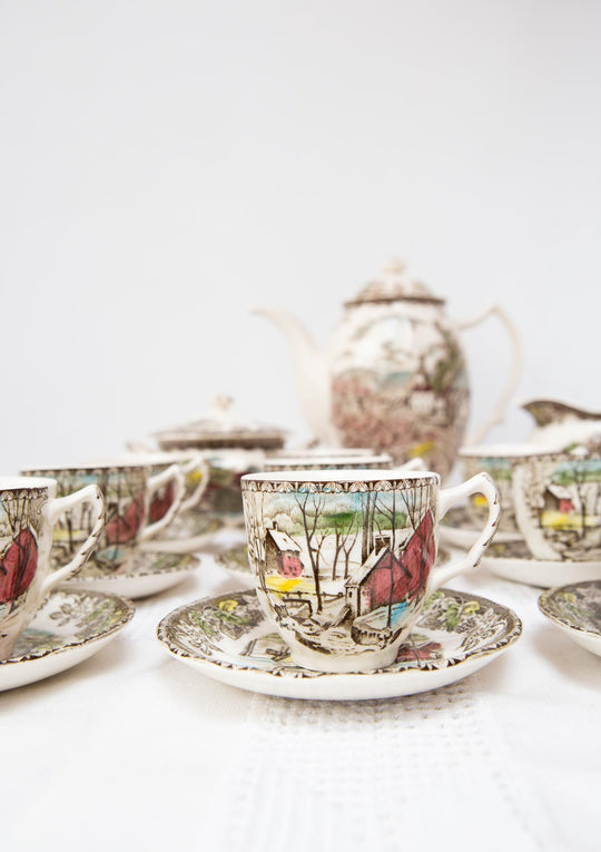 Juego de café inglés PARA 12 The Friendly Village Johnson Bros c. 1960 (27 PIEZAS)