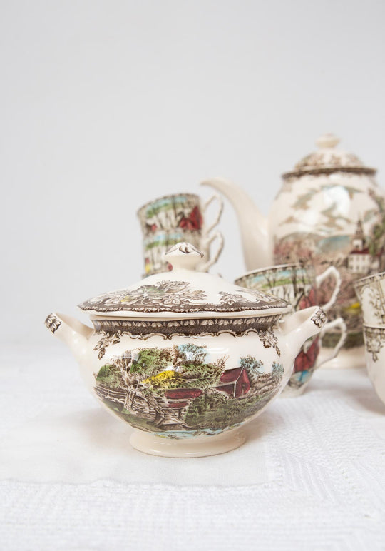 Juego de café inglés PARA 12 The Friendly Village Johnson Bros c. 1960 (27 PIEZAS)