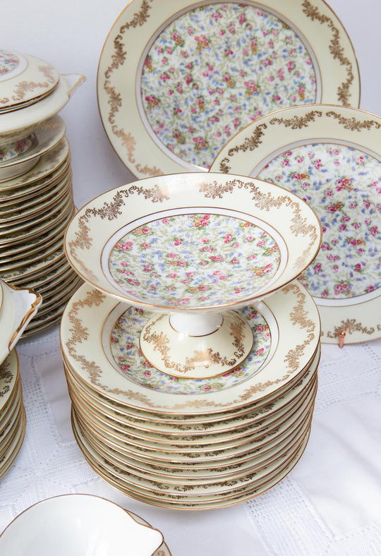 gran vajilla francesa antigua porcelana limoges 60 piezas florecillas para 12