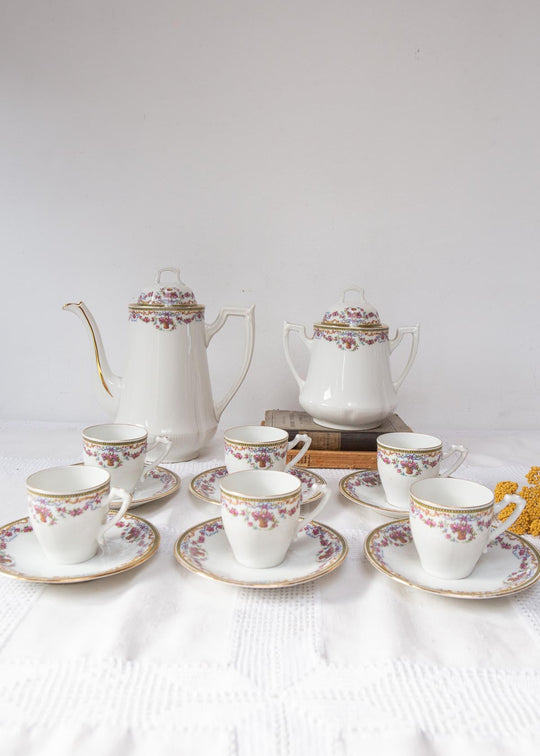 Antiguo juego café para 6 porcelana francesa Limoges flores c. 1925 (14 PIEZAS)