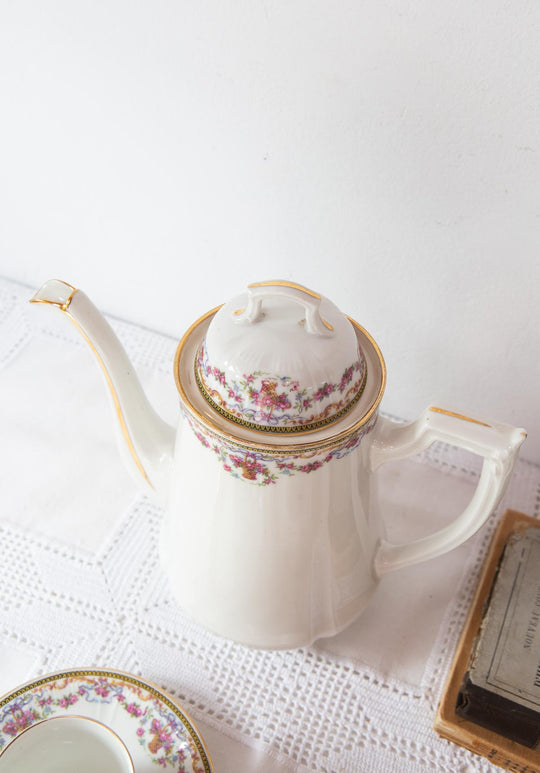 Antiguo juego café para 6 porcelana francesa Limoges flores c. 1925 (14 PIEZAS)